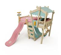 Lit mezzanine pour enfants Wickey « CrAzY Snuggy » en forme de maison avec toboggan - Rose pastel