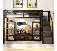 Lit mezzanine - SOGEU - 140x200 - Meuble TV intégré - Prise électrique - Échelle de rangement sécurisée