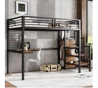 Lit Mezzanine Superposé 90x200 cm Fer/Aggloméré - Table Intégrée, Armoire et Échelle Latérale Sécurisée - Noir & Bois Foncé