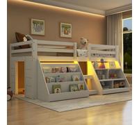 Lit mi-haut, 90 × 200 cm, en pin, avec plusieurs étagères, balustrade et échelle, sans matelas, style minimaliste, blanc