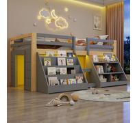 Lit mi-haut, 90 × 200 cm, en pin, avec plusieurs étagères, bande lumineuse LED, garde-corps et échelle, sans matelas, style minimaliste, gris + naturel