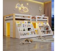 Lit mi-haut, 90 × 200 cm, en pin, avec plusieurs étagères, bande lumineuse LED, garde-corps et échelle, sans matelas, style minimaliste, blanc + naturel