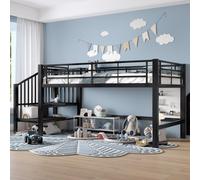 Lit mi-haut 90 x 200 cm avec escalier de rangement, lit d'enfant moderne offrant un grand espace de rangement pour les chambres d'adolescents et les chambres à coucher, noir