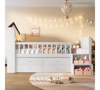 Lit mi-haut 90 x 200 cm, en forme de maison avec fenêtre, 4 tiroirs, bande lumineuse LED, blanc