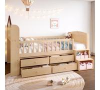 Lit mi-haut 90 x 200 cm, en forme de maison avec fenêtre, 4 tiroirs, bande lumineuse LED, couleur naturelle