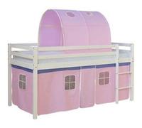 Homestyle4u Lit surélevé 90x200 avec sommier à lattes tunnel rideau rose Lit d'enfant blanc bois pin massif Lit d'adolescent