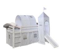 Lits superposé 90x200 cm avec Toboggan et Tour Matelas Lit mezzanine en Bois Pin Massif Rideau Tunnel Étoilés Gris Sommier à lattes