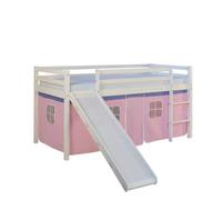 Homestyle4u Lit superposé - 90x200 cm - Pin massif, toboggan, matelas, rideau rose, sommier à lattes
