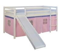 Lits superposé 90x200 cm avec Toboggan Matelas Lit mezzanine en Bois Pin Massif Rideau Rose Sommier à lattes