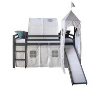 Lits superposé 90x200 cm Gris avec Toboggan et Tour Matelas Lit mezzanine en Bois Pin Massif Rideau Tunnel Étoilés Sommier à lattes