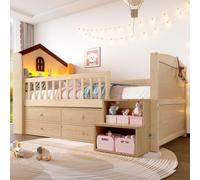 Lit mi-haut, forme de maison, fenêtre, 4 tiroirs, bande lumineuse LED, échelle de rangement, sans matelas, 90 x 200 cm, couleur naturelle
