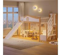 Lit mi-haut Merax pour adolescents, 90 x 200 cm, lit mezzanine avec toboggan, échelle avec rangement, barrières de sécurité et éclairage LED, lit superposé pour enfants, blanc