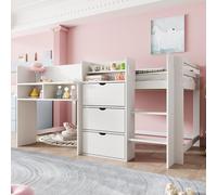 Lit mi-haut pour enfant 90 x 200 cm, lit en forme de maison en pin et MDF, lit mezzanine avec rangements (étagères et tiroirs), silencieux, sûr, blanc (sans matelas)