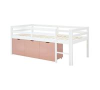Vente-unique - Lit mi-Hauteur 90 x 190 cm avec Rangement - Pin et MDF - Blanc et Rose - LANIORI