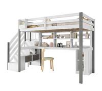 Lit mi-hauteur 90x200 cm blanc-gris en pin et MDF avec bureau et rangements