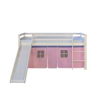 Homestyle4u Lit mezzanine 90x200 cm - toboggan, sommier à lattes, pin massif, rideau rose