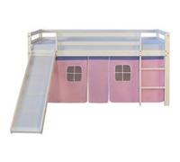 Homestyle4u Lit mezzanine 90x200 cm - toboggan, sommier à lattes, pin massif, rideau rose