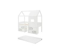 Lit mi-hauteur cabane 90 x 190 cm - Pin et MDF - Blanc + Matelas - VALESKIA