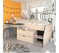 Lit mi-hauteur enfant 90x190/200 bois avec bureau et rangements chêne et noir - Terre de Nuit