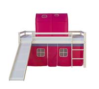 Homestyle4u Lit mi-hauteur enfant avec toboggan et tunnel Rideau rouge 90x200 Pin