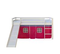 Homestyle4u Lit mi-hauteur enfant 1466 – toboggan, rideau rose – couchage 90x200