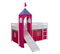 Homestyle4u Lit toboggan pour enfant avec tour et rideaux rose 90x200