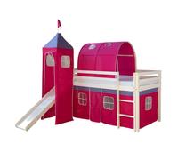 Homestyle4u Lit mezzanine enfant avec toboggan, tour, tunnel et rideau rose 90x200