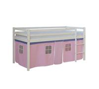 Homestyle4u Lit mezzanine 90x200 cm Pin massif avec sommier à lattes Rideau rose