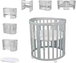 Lit mobile pour bébé OWAL en bois 7en1 avec matelas, évolutif,Sans set de tissu,bois gris