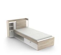Lit Modulable 90 x 190/200 avec Rangement 1 Porte 3 Niches 1 tiroir - Blanc Mat & Chêne Clair -124,5 x 226,9 x 90,5 cm