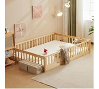 Lit Montessori 120x200 cm - lit au sol enfant en bois massif de pin avec porte et serrure