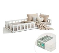 Lit D'Enfant 90x200 cm avec Matelas Lit Montessori avec Barriere en Bois Blanc Lit au Sol Bebe Lit Bas Lit Simple