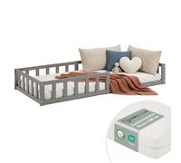 Lit D'Enfant 90x200 cm avec Matelas Lit Montessori avec Barriere en Bois Gris Lit au Sol Bebe Lit Bas Lit Simple