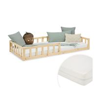 Lit D'Enfant 90x200 cm avec Matelas Lit Montessori avec Barriere en Bois Naturelle Lit au Sol Bebe Lit Bas Lit Simple