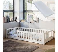 Lit d'enfant lit de sol 90x200 cm Lit avec matelas, protection contre les chutes & sommier Montessori Lit d'enfant lit d'adolescent lit simple | blanc bois garçon fille