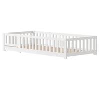 Lit Montessori - Lit simple sur pied 2-en-1 90 x 200 cm - Bois de pin avec sommier à lattes - Barrières de sécurité - Structure en forme de maison avec porte - Blanc