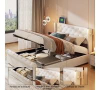 Lit Moonbite avec rangement 140x190 cm, couleur beige, avec lampe de lecture, éclairage LED, ports USB et coffre à l'hydraulique – Le lit idéal pour la lecture