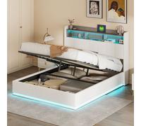 Lit Moonbite avec rangement, 140x200 cm, revêtement en velours blanc, éclairage LED 16 couleurs avec télécommande à 24 boutons, port USB-C, sommier à lattes en métal XL