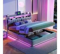 Lit Moonbite avec rangement, 140x200 cm, tissu gris, porte rabattable – Étagère supérieure et niche rabattable, éclairage LED, port USB