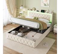 Lit Moonbite avec rangement, 140x200 cm, velours gris clair, motif losanges. Comprend une table de chevet intégrée de 140 cm et des ports USB avec éclairage LED