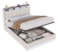 Lit Moonbite avec rangement, dimensions 140x190 cm, revêtement en lin beige, avec éclairage LED et coffre à l'hydraulique, ports USB et Type-C, sommier à lattes compact