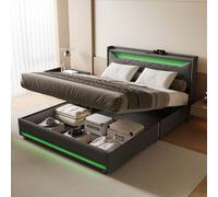 Lit Moonbite avec rangement, dimensions 140x200 cm – éclairage LED, ports USB, système d'ouverture par vérins à gaz, sommier à lattes, revêtement en polyuréthane, couleur gris