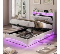 Lit Moonbite avec rangement, dimensions 90x200 cm, revêtement en velours beige à motifs losanges. Doté de vérins à gaz, de LED RGB contrôlées par application et d'une tête de lit avec étagère