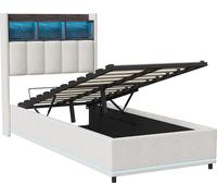 Lit Moonbite avec rangement, dimensions 90x200 cm, revêtement en velours blanc, éclairage LED avec 16 couleurs et télécommande à 24 boutons, ports USB et Type-C, sommier à lattes en métal