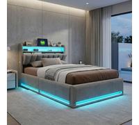 Lit Moonbite avec rangement, dimensions 90x200 cm, revêtement en velours, porte rabattable – Étagère supérieure, niche rabattable, éclairage LED, charge USB