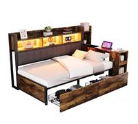 Lit multifonction 90/200 cm bois naturel en métal et bois avec bureau mobile