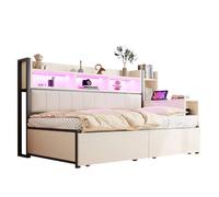 Lit multifonctionnel 90/200 cm blanc et bois en métal et bois avec bureau mobile