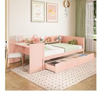 Lit multifonctionnel avec bureau - 90x200 cm - Rose - Pin + panneau de particules - 2 tiroirs - Étagères intégrées