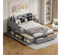 Lit multifonctionnel avec tiroirs - Lit double 140 x 200 cm - Table de chevet - Rangement intégré - Canapé-lit - Lit de rangement en bois massif - Inclut un sommier à lattes - Lit combiné, sans matela