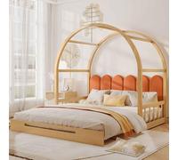 Lit multifonctionnel pour enfants et lit de jour rose princesse avec design extensible, protection sûre et cadre en pin, naturel et orange